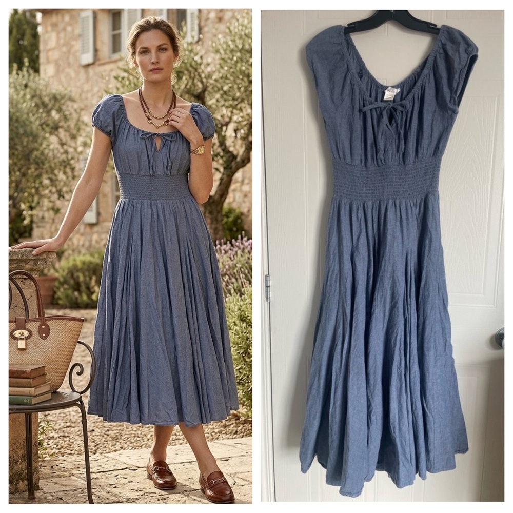 Cotton Smocked Midi Dress Blue Cottagecore S